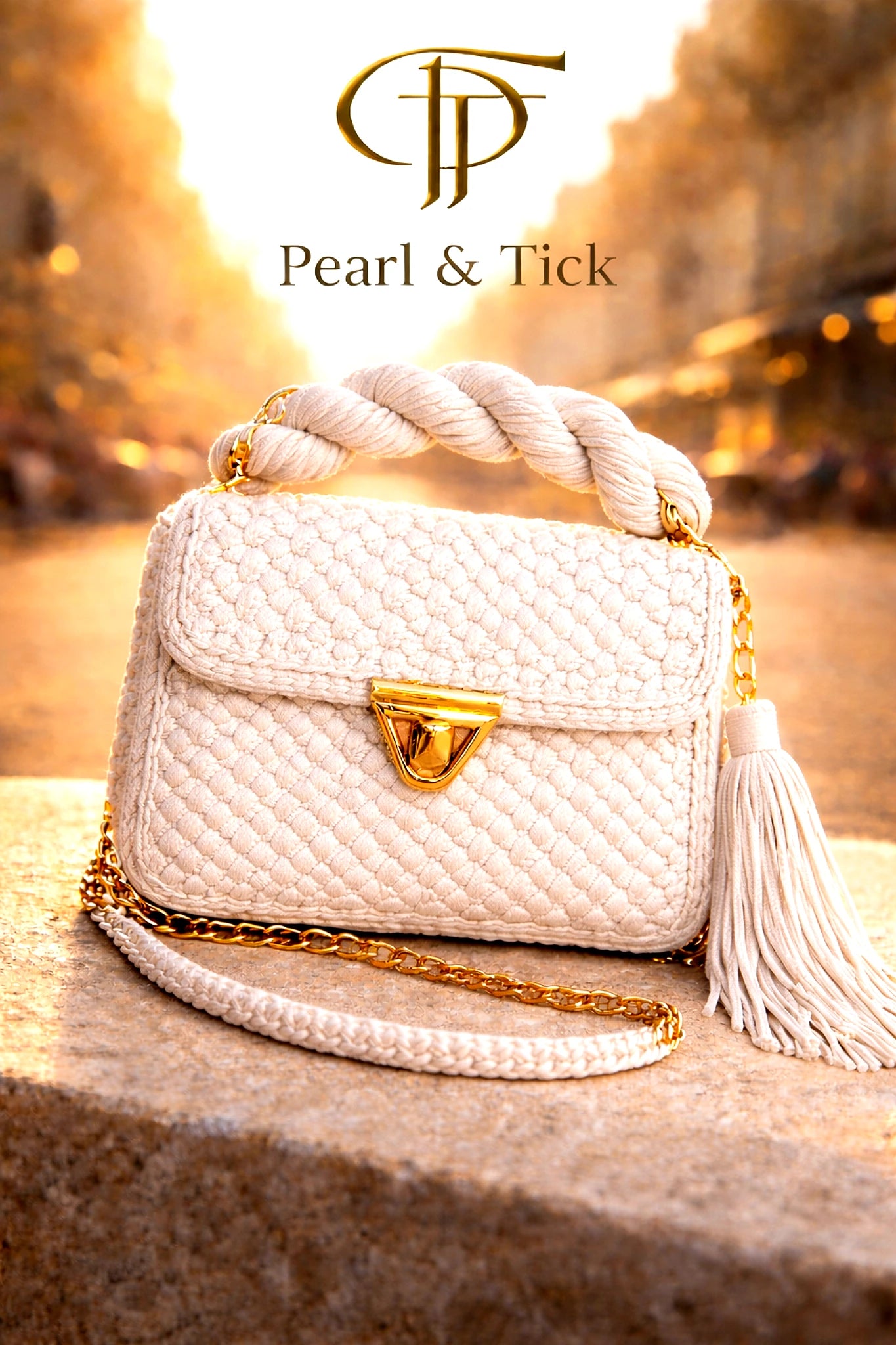 White handbag with gold accents and tassel on a blurred background, featuring the brand 'Pearl & Tick'.