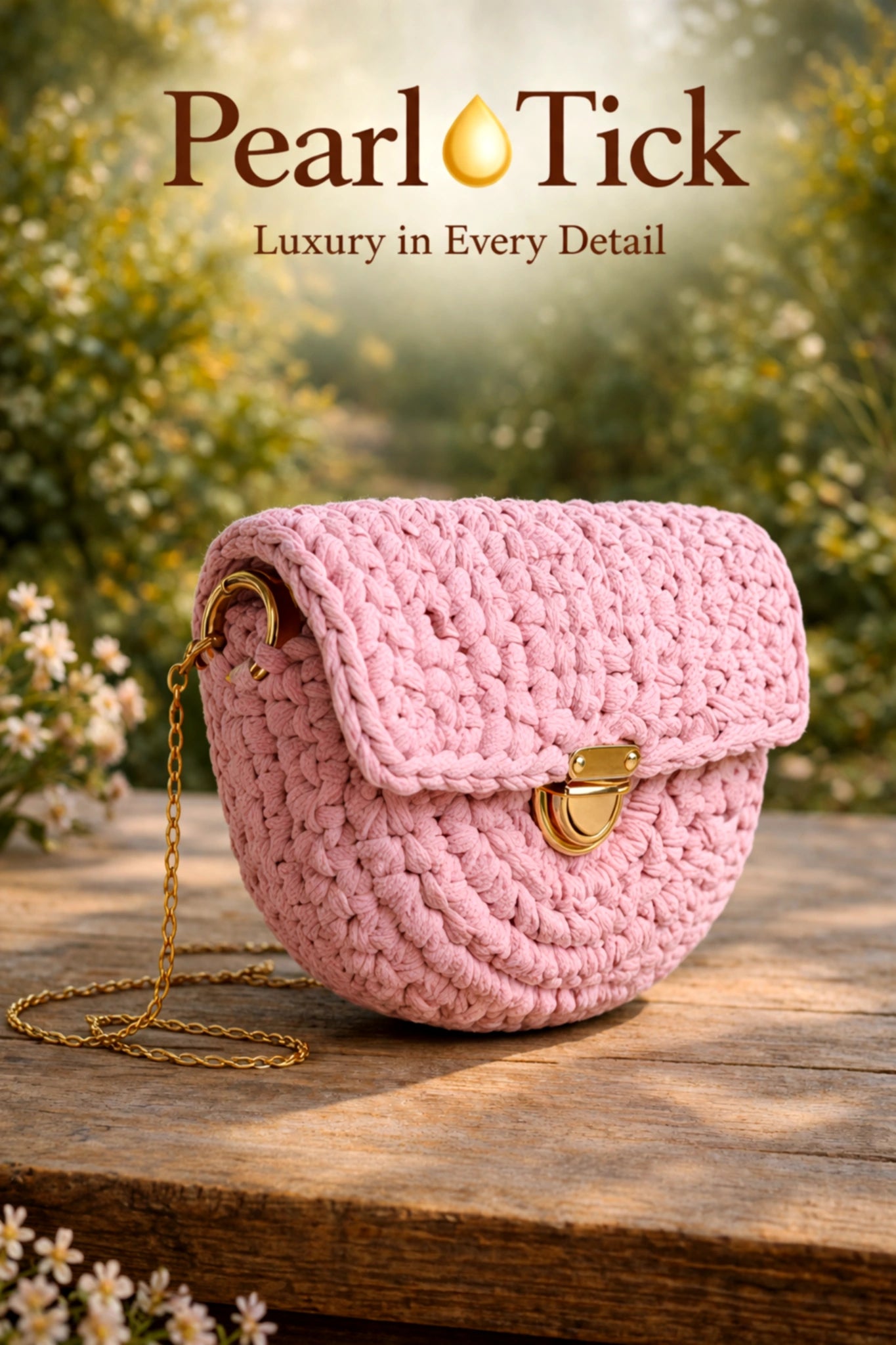 Pink crochet handbag with gold chain on a wooden surface, Pearl Tick brand visible