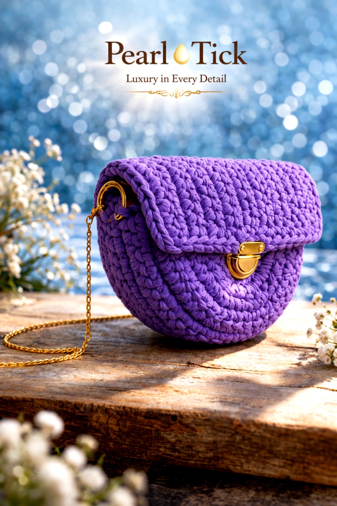 Purple textured handbag with gold chain on a wooden surface with blurred natural background