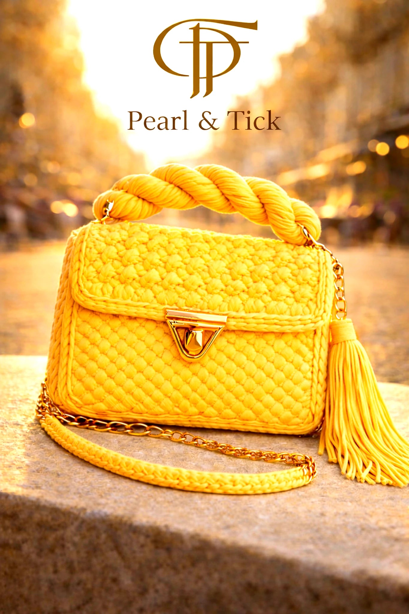 Borsa gialla con nappa su uno sfondo sfocato di una strada, con il marchio «Pearl & Tick».
