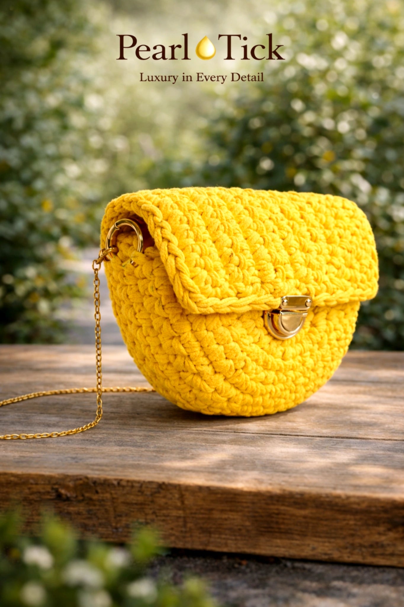 Yellow knitted handbag with a chain strap on a wooden surface, blurred greenery in the background.