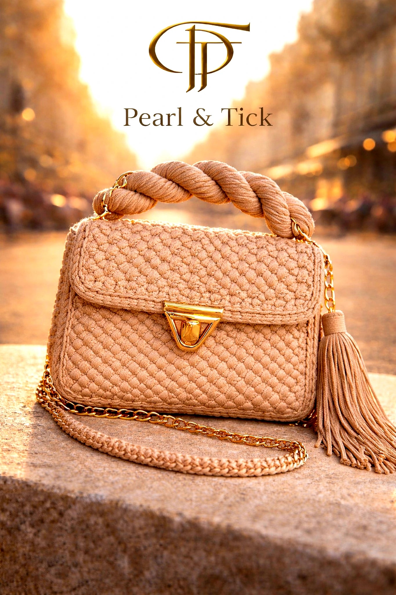 Beige handbag with braided handle and tassel on a blurred street background, featuring Pearl & Tick logo.
