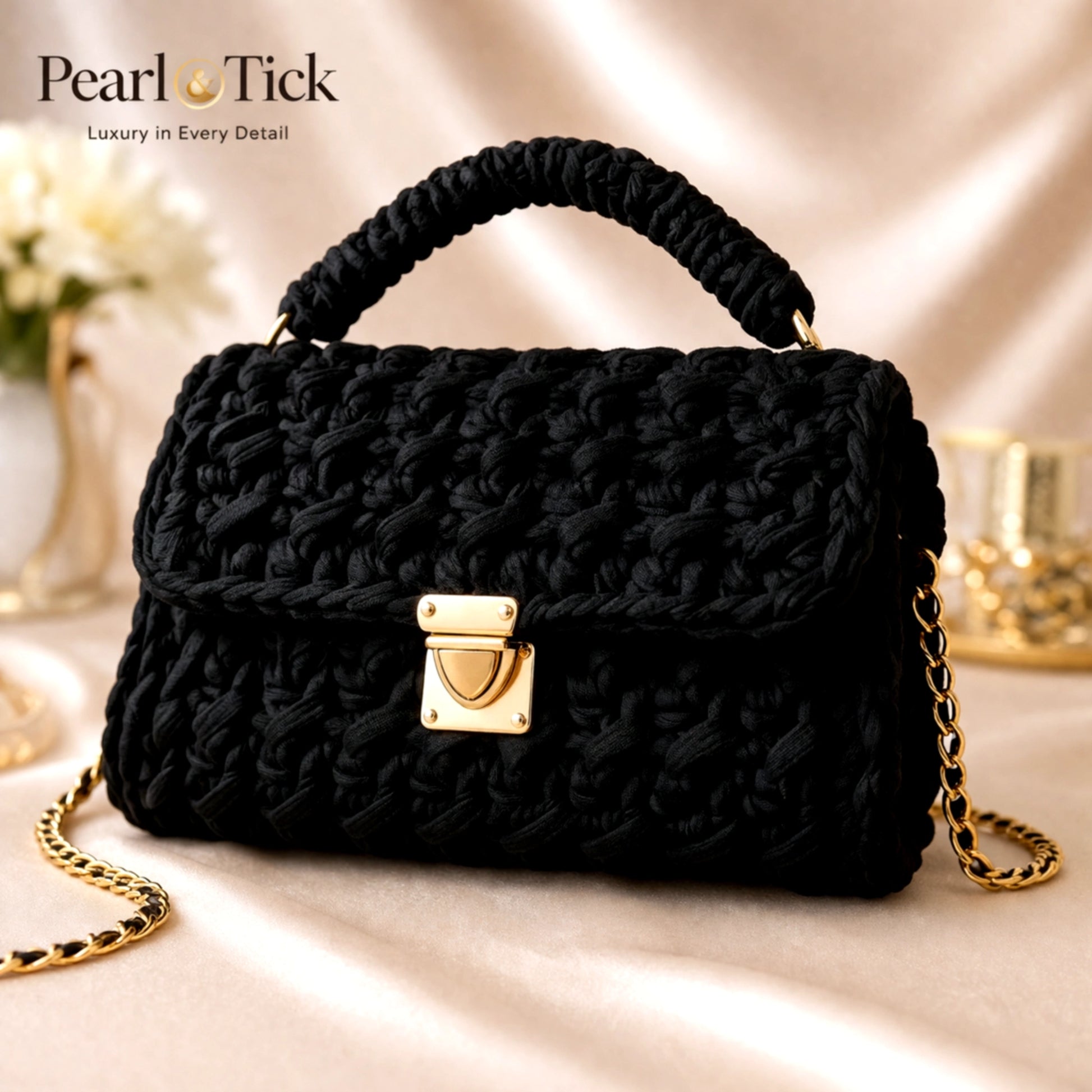 Sac à main tressé noir avec des accents dorés sur un fond en tissu doux, arborant la marque Pearl Tick.