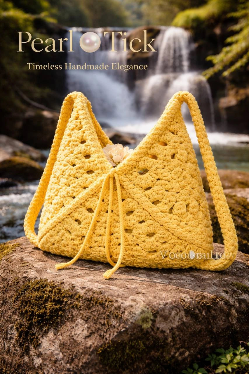 Borsa gialla lavorata all'uncinetto appoggiata su una roccia, con una cascata sullo sfondo, con il marchio «Pearl Tick».