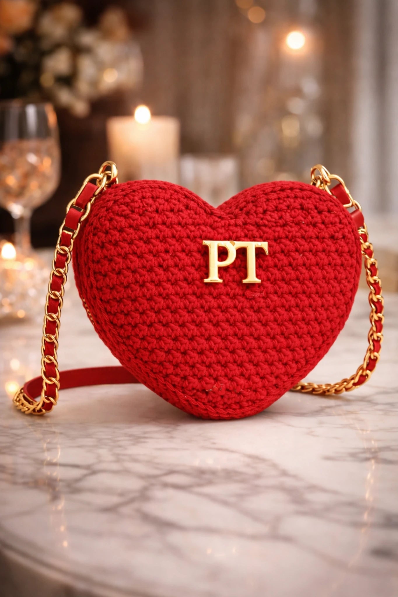 PT Cherie Bag - Pearl & TickPT Cherie BagHandbagsPearl & TickPearl & TickCHERIE-REDRedRed heart - shaped handbag with gold chain and initials on a marble surface.