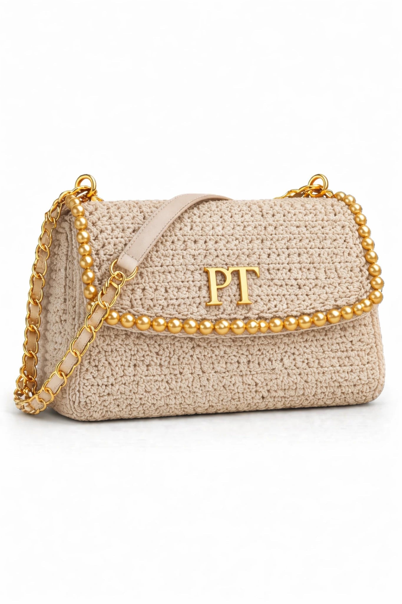 PT Pearl Charm Bag - Pearl & TickPT Pearl Charm BagHandbagsPearl & TickPearl & TickPCHARM-BGEBeigeBeige handbag with gold chain and 'PT' logo on a white background