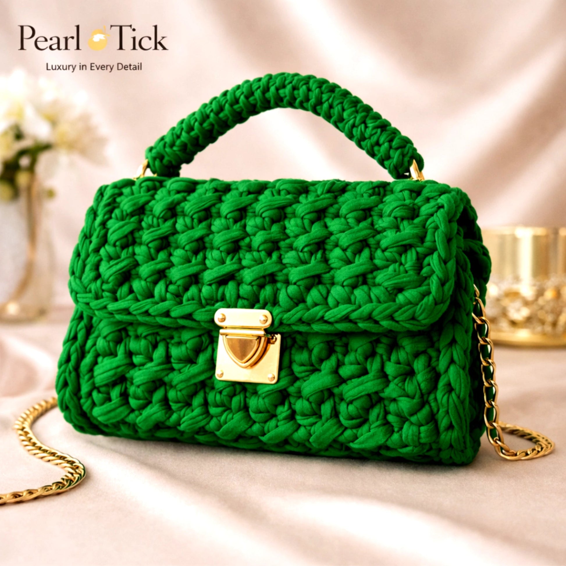 Ronza Bag by Pearl & Tick — elegant green woven handbag with luxury gold chain and modern timeless charm.