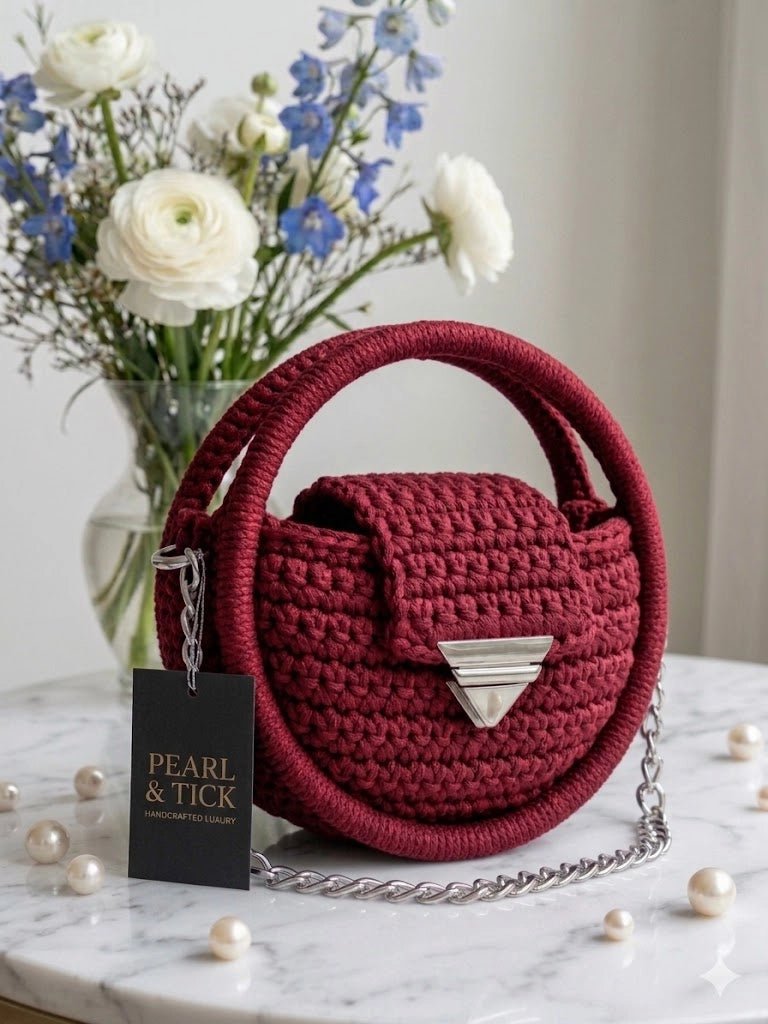 The Nacre Orb – Luxury Handcrafted Crochet Handbag | Pearl & Tick - Pearl & TickThe Nacre Orb – Luxury Handcrafted Crochet Handbag | Pearl & TickHandbagsPearl & TickPearl & TickNOR-RED-001RedHandmade crochet bag in deep burgundy with silver accents and pearl details.