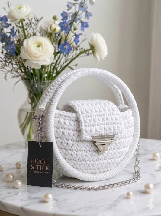 The Nacre Orb – Luxury Handcrafted Crochet Handbag | Pearl & Tick - Pearl & TickThe Nacre Orb – Luxury Handcrafted Crochet Handbag | Pearl & TickHandbagsPearl & TickPearl & TickNOR-WHT-001WhiteMinimalist white luxury crochet bag with high - end handmade texture.