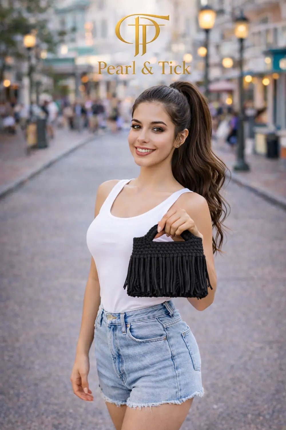 Velora Fringe Bag - Pearl & TickVelora Fringe BagHandbagsPearl & TickPearl & TickVELORA-REDRedElegant woman holding a black handbag outdoors, premium women’s accessory, perfect everyday bag by Pearl & Tick
