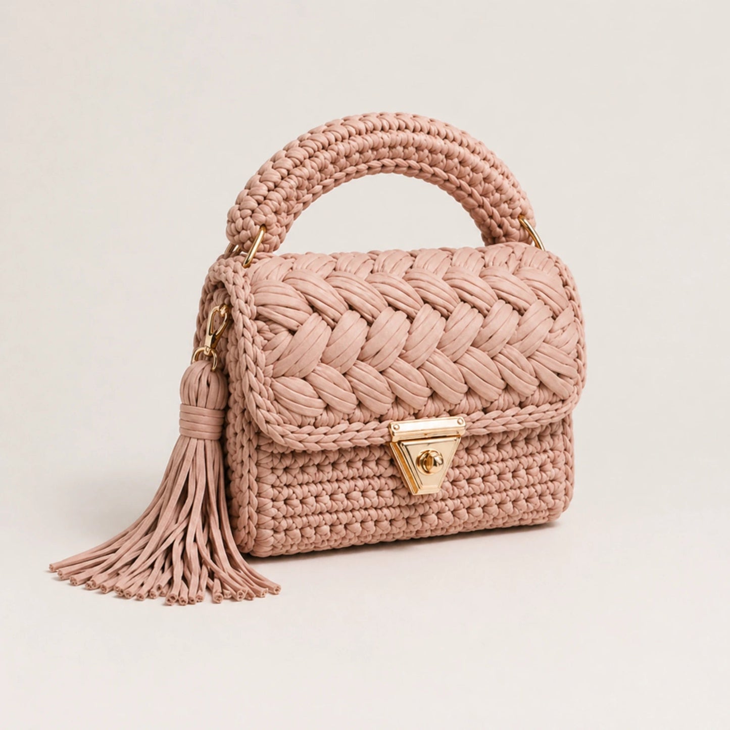 Pink woven handbag with a tassel on a light background